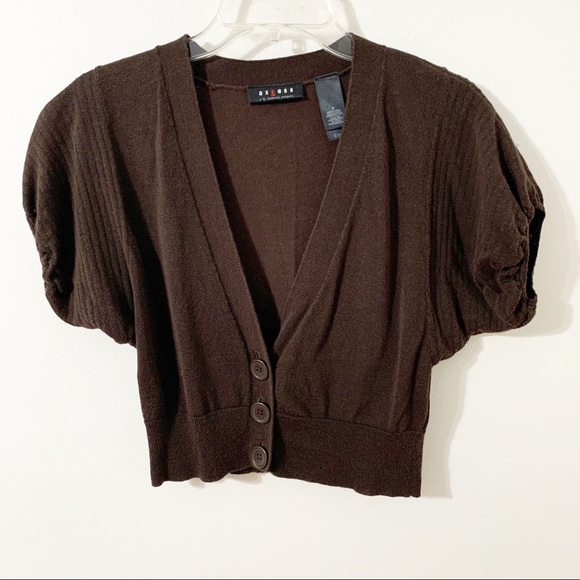 Axcess Cropped Short Puffy Sleeve Cardigan Sweater Cotton Rayon Blend Brown 🟫 - Picture 1 of 8